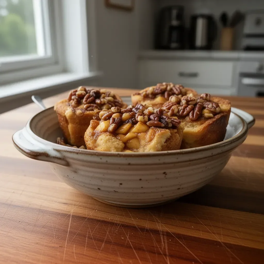 Apple Pecan French Toast Cups served in a stylish dish, garnished with pecans.
