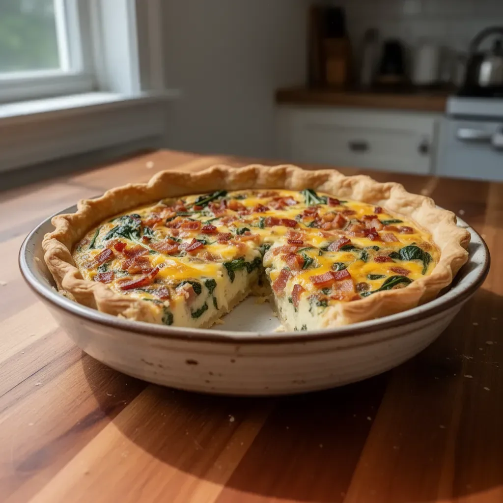 Homemade Bacon and Cheddar Quiche served on a rustic wooden table