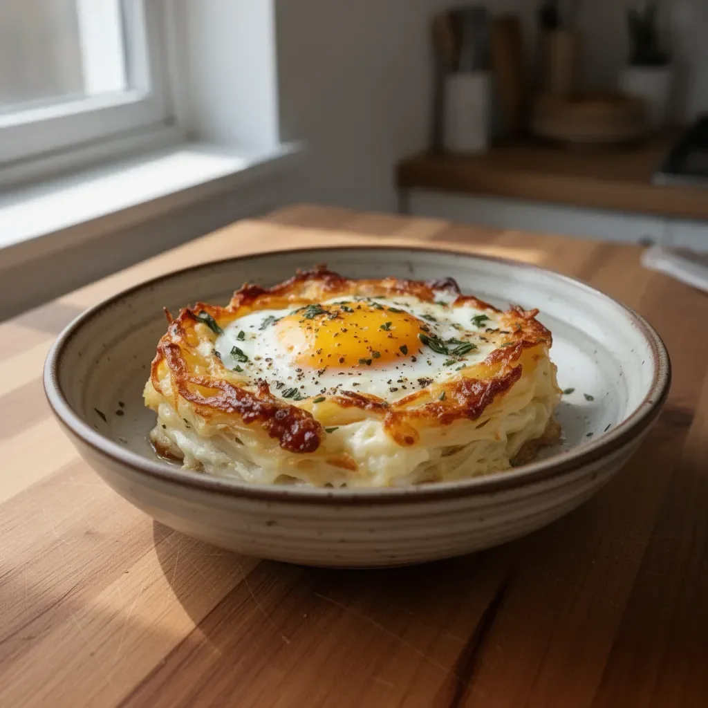 Delicious Baked Eggs Napoleon served in a dish