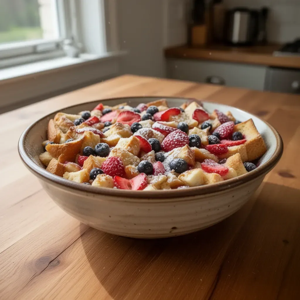 Delicious Berry French Toast Bake Casserole served with fresh berries and syrup.