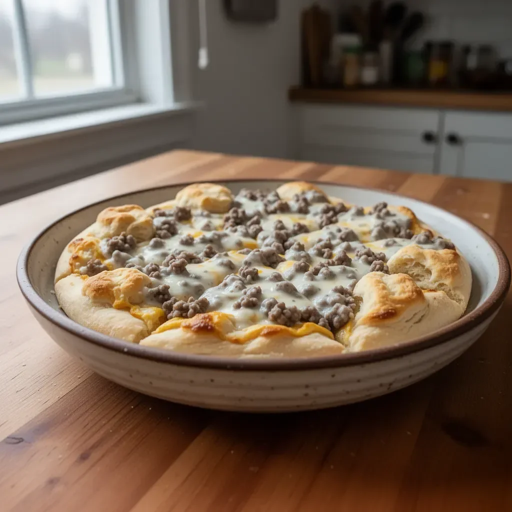 Biscuits and sausage gravy breakfast pizza topped with cheese and herbs