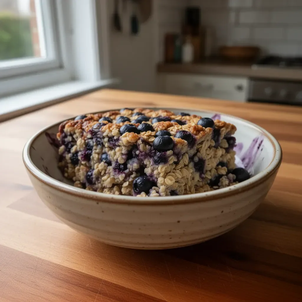 Delicious blueberry baked oatmeal topped with fresh blueberries and nuts