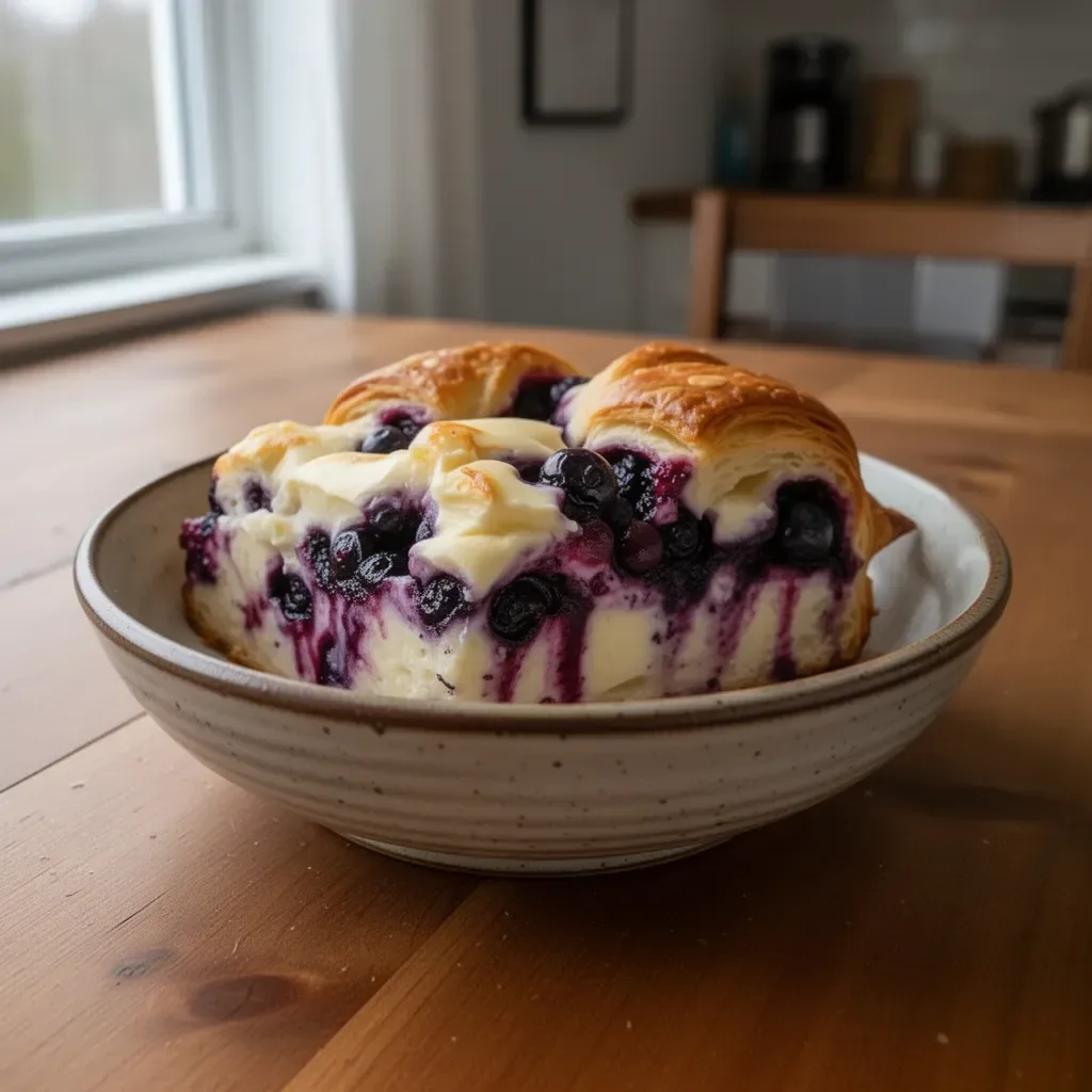 Blueberry cream cheese croissant bake fresh out of the oven