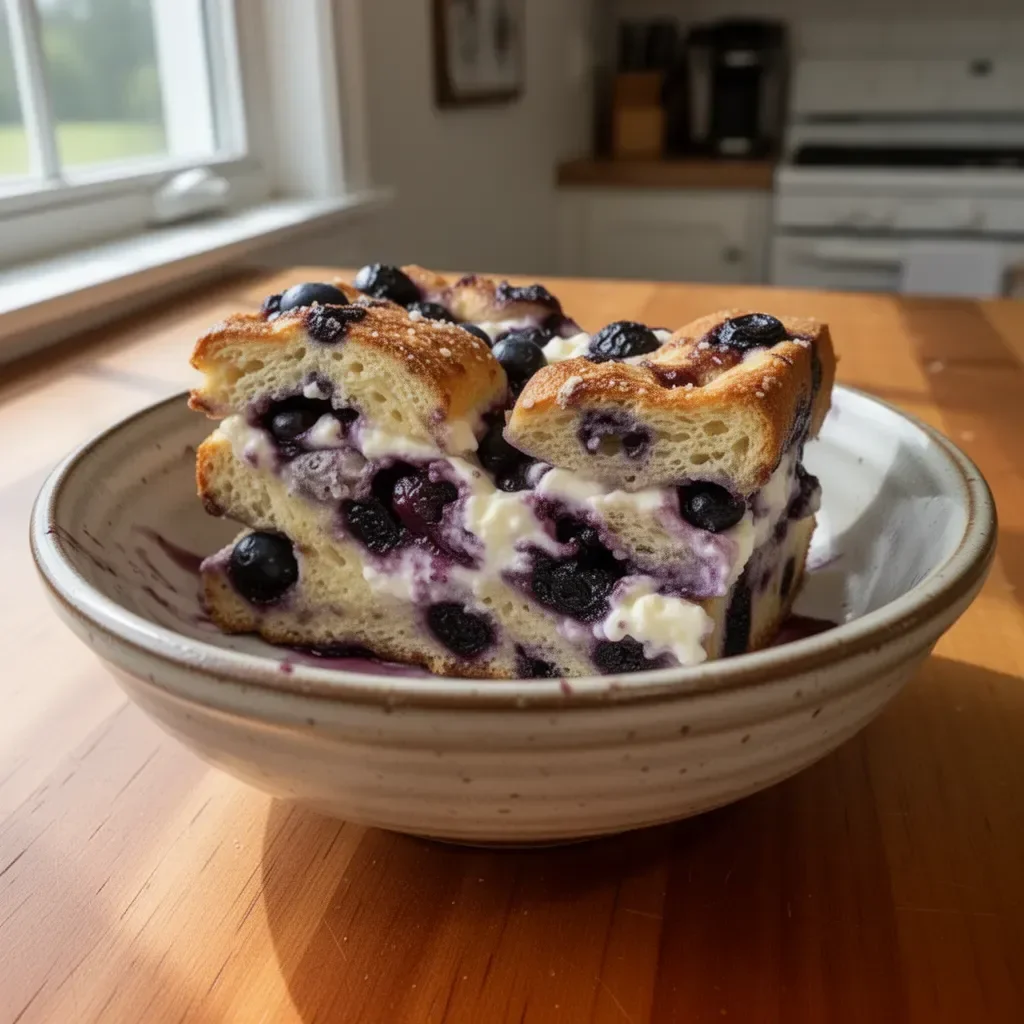 Delicious Blueberry Cream Cheese French Toast Bake in a baking dish