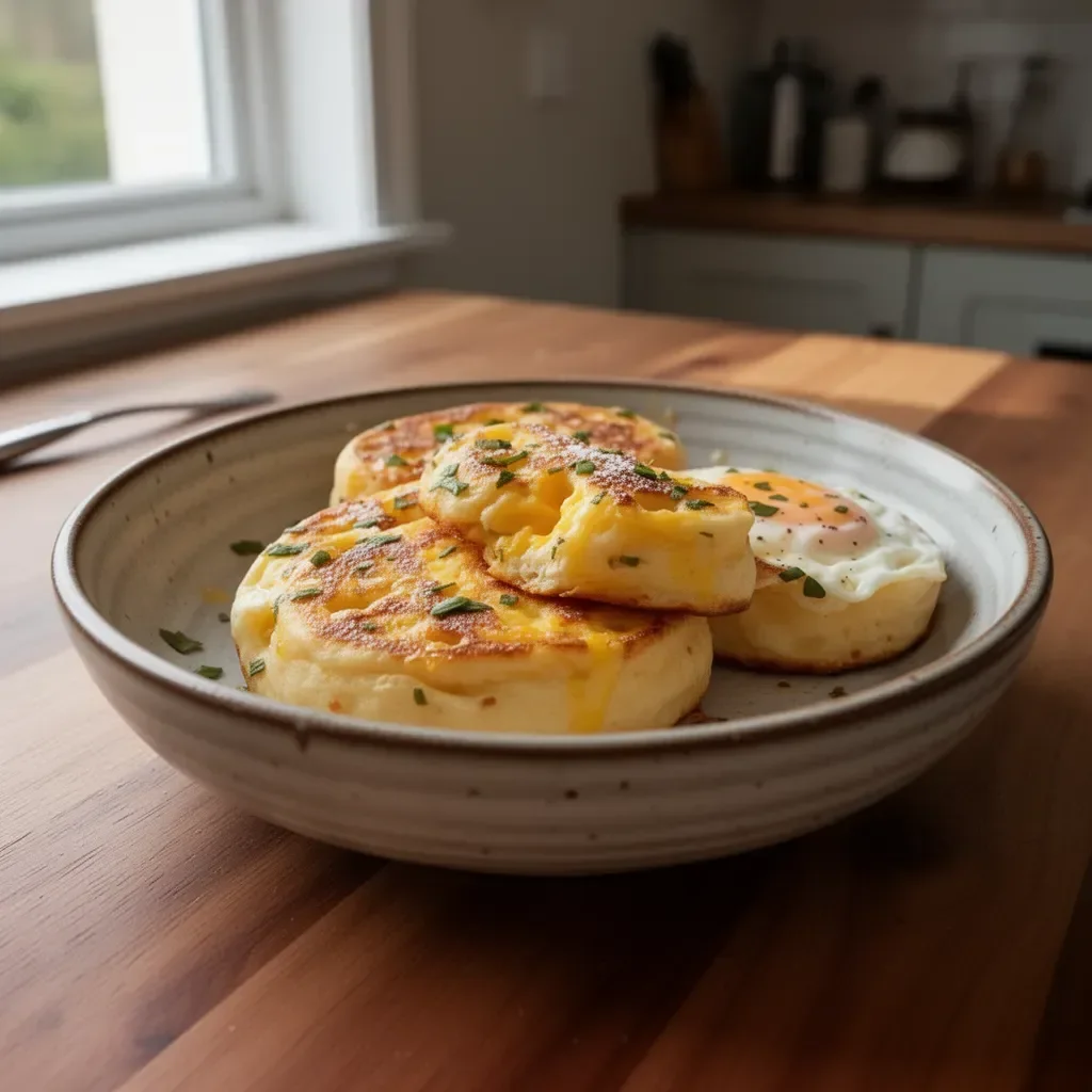 Delicious breakfast eggy crumpets served with toppings on a plate