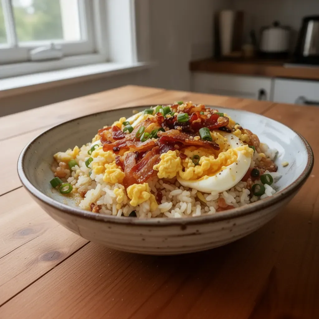 Bowl of delicious breakfast fried rice topped with vegetables and eggs