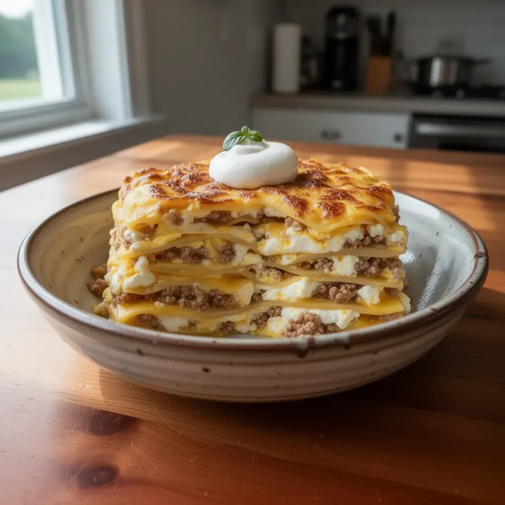 Deliciously baked Breakfast Lasagna with layers of eggs and cheese