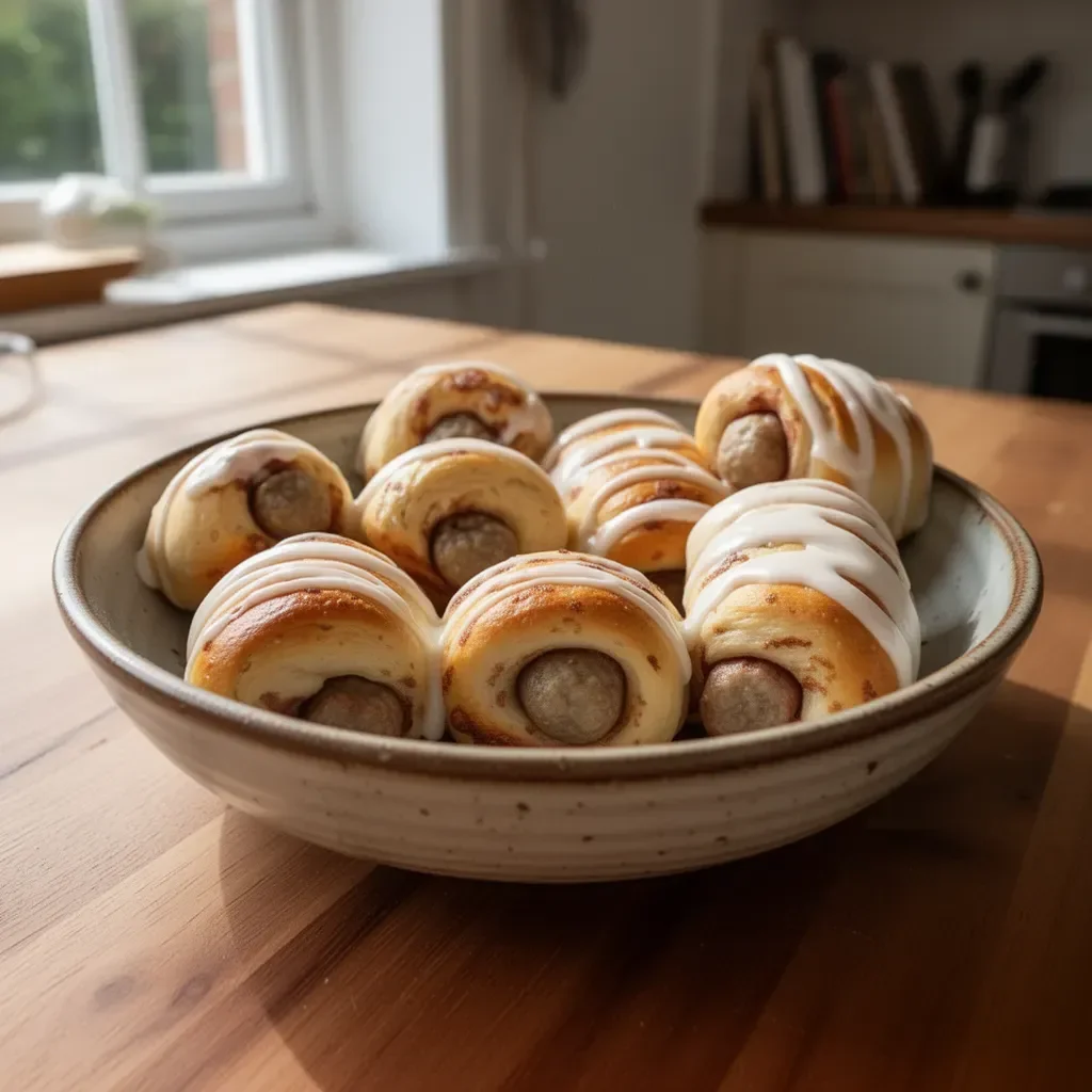 Breakfast pigs in blankets with sausage wrapped in pastry on a plate