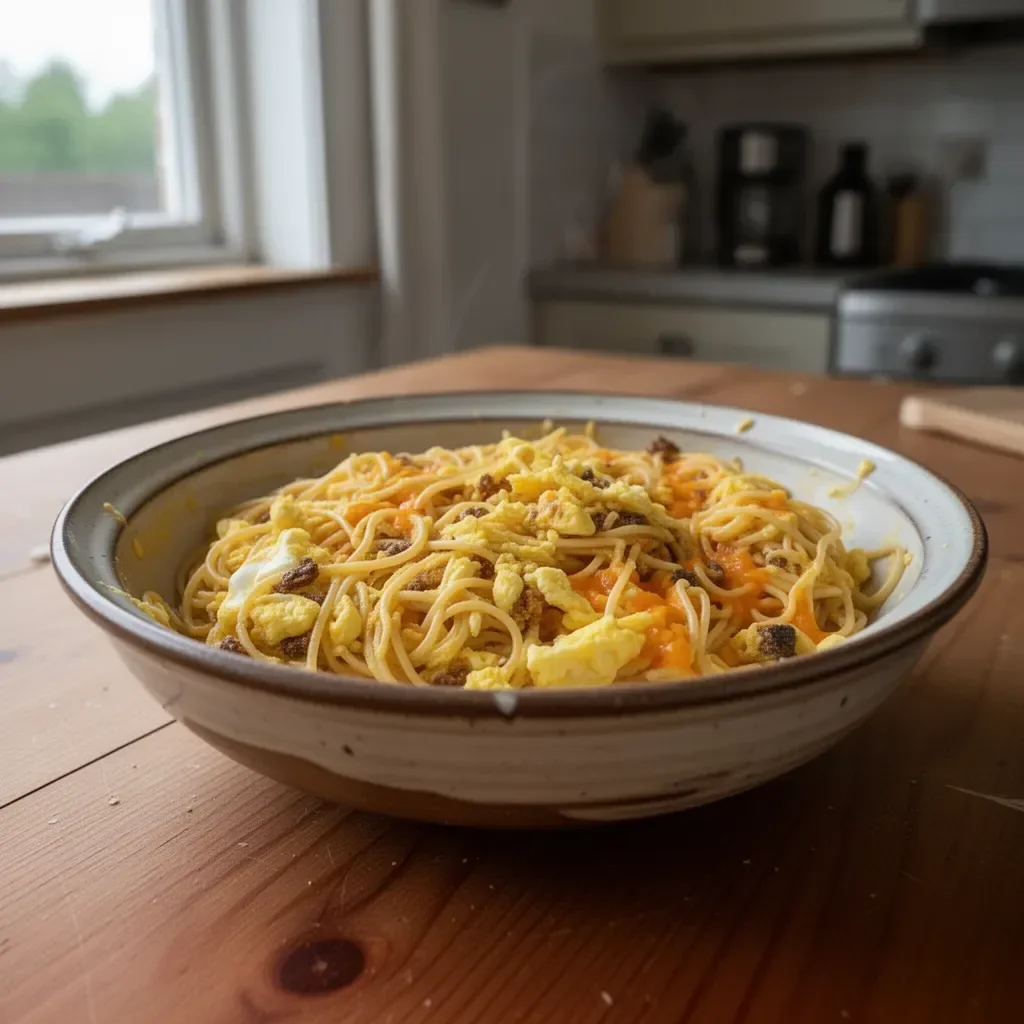 Plate of Breakfast Spaghetti with eggs and herbs for a hearty morning meal
