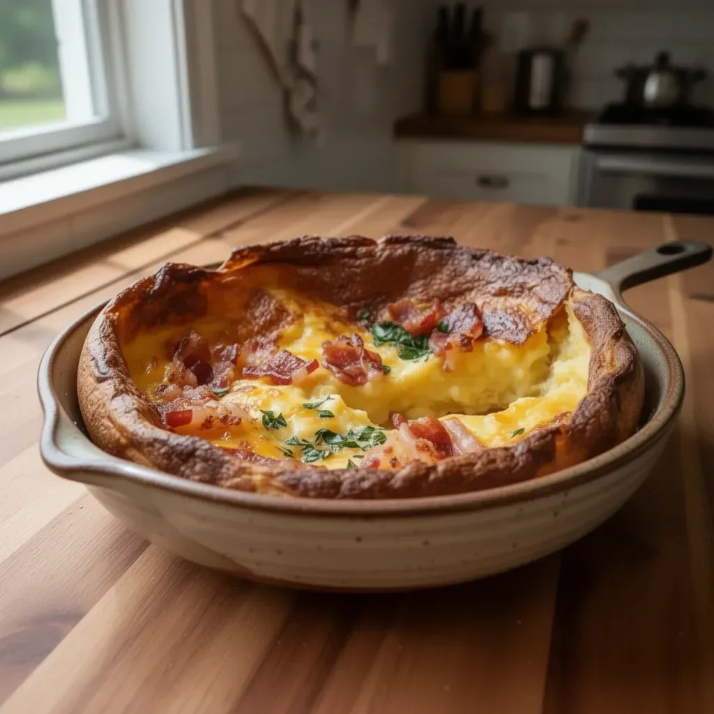 Fluffy Cheddar Bacon Dutch Baby topped with cheese and crispy bacon