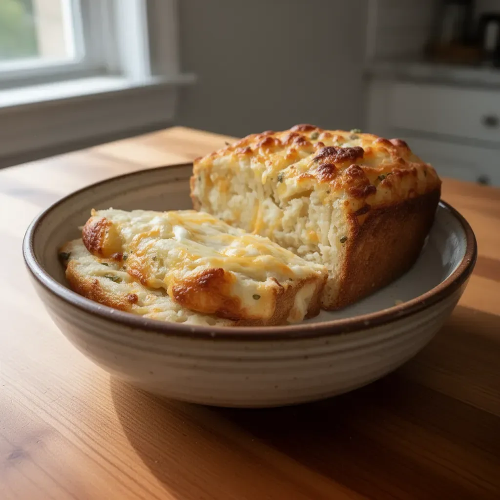 Freshly baked cheese bread with golden crust and melted cheese