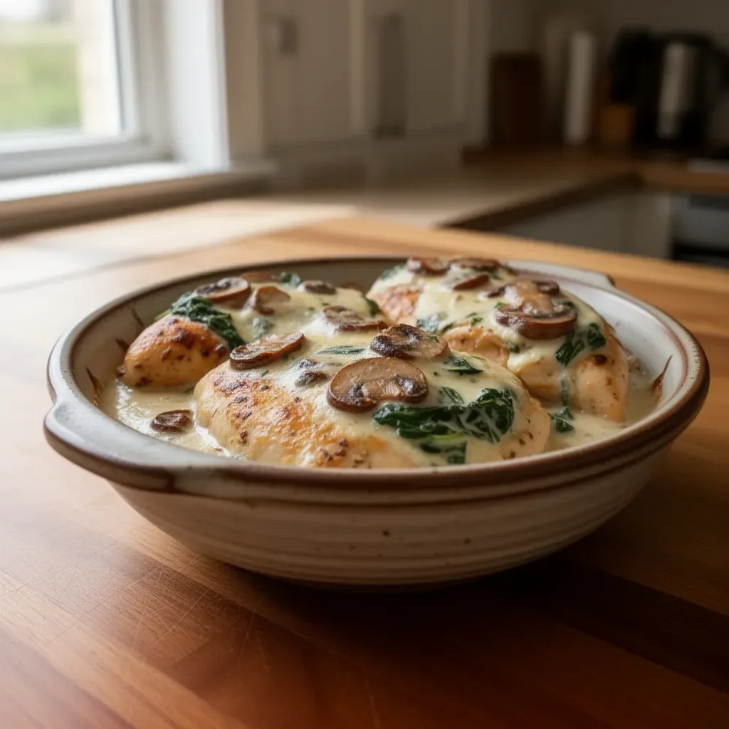 Chicken, spinach and mushroom bake served in a rustic dish
