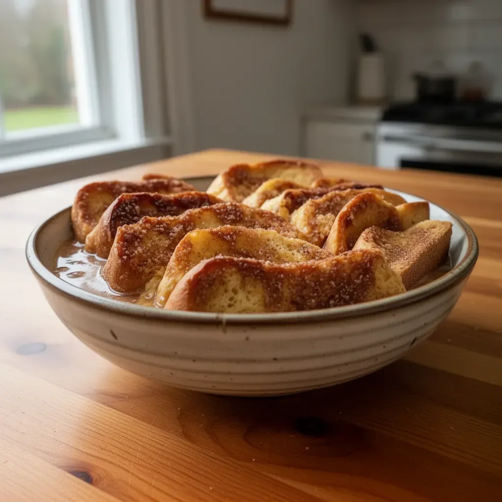 Cinnamon Overnight French Toast Bake topped with syrup and berries on a plate