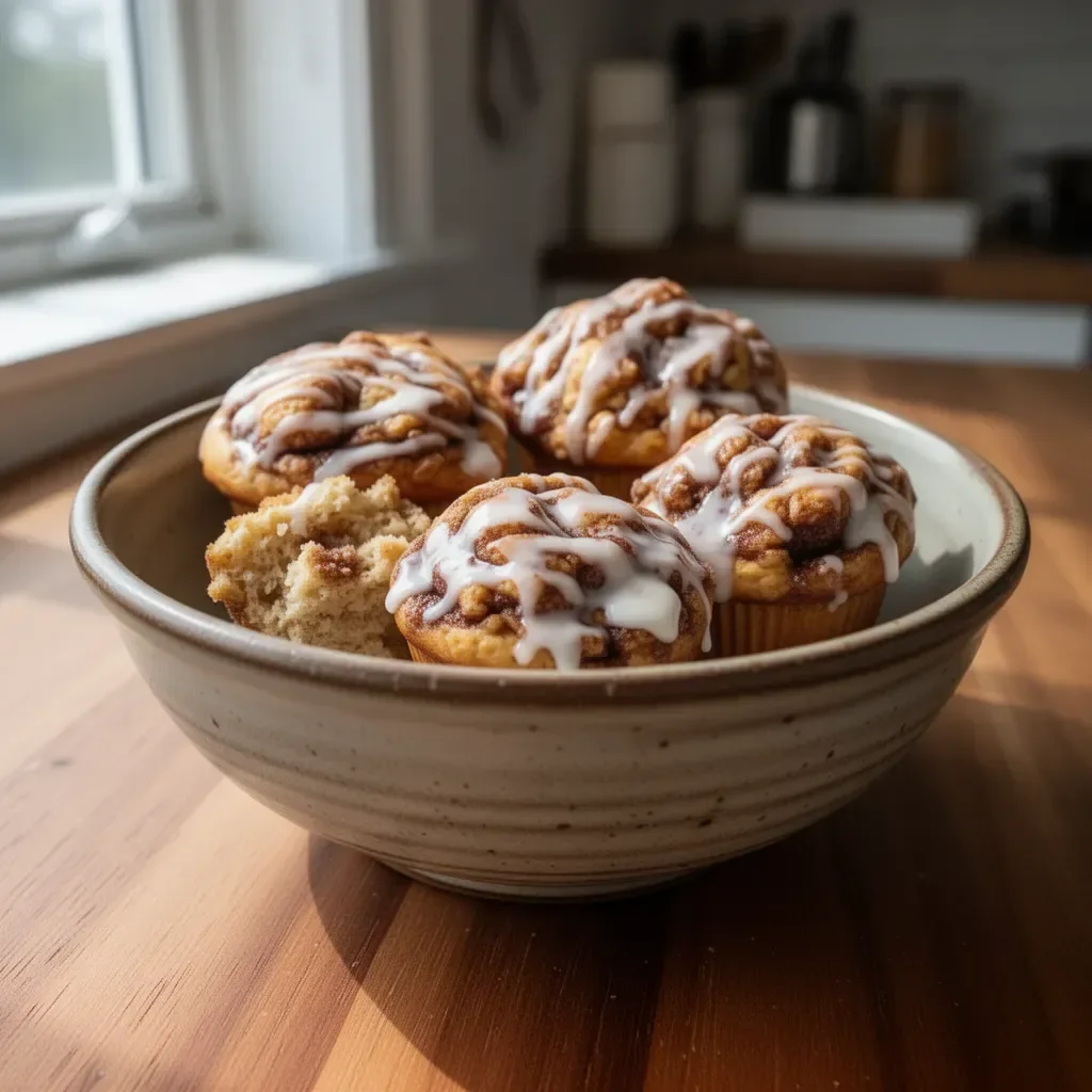 Freshly baked cinnamon roll muffins topped with icing
