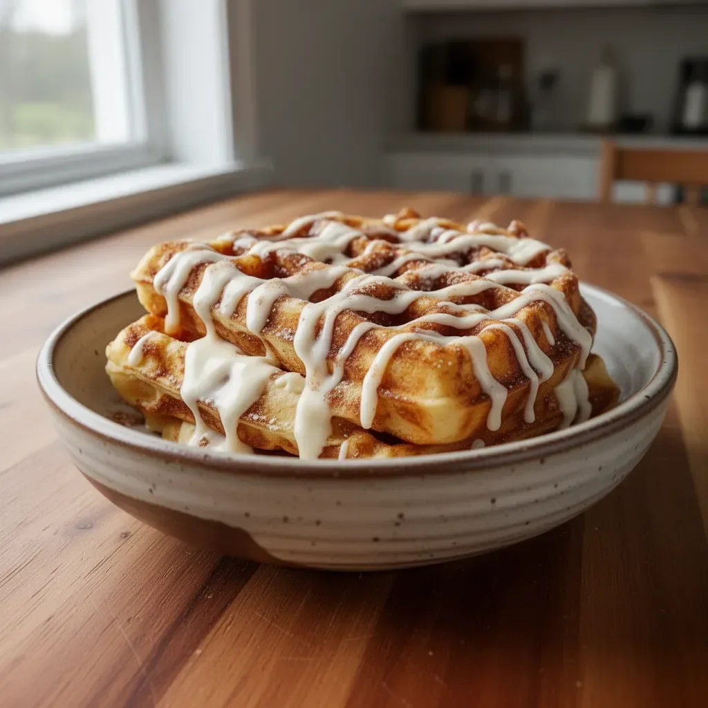Delicious cinnamon roll waffles topped with cream cheese drizzle