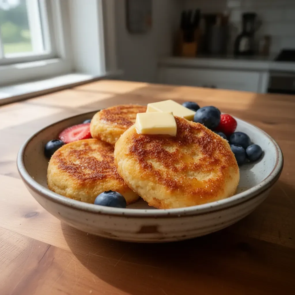Golden-brown Classic French Toast Biscuits ready to enjoy with syrup and fruit