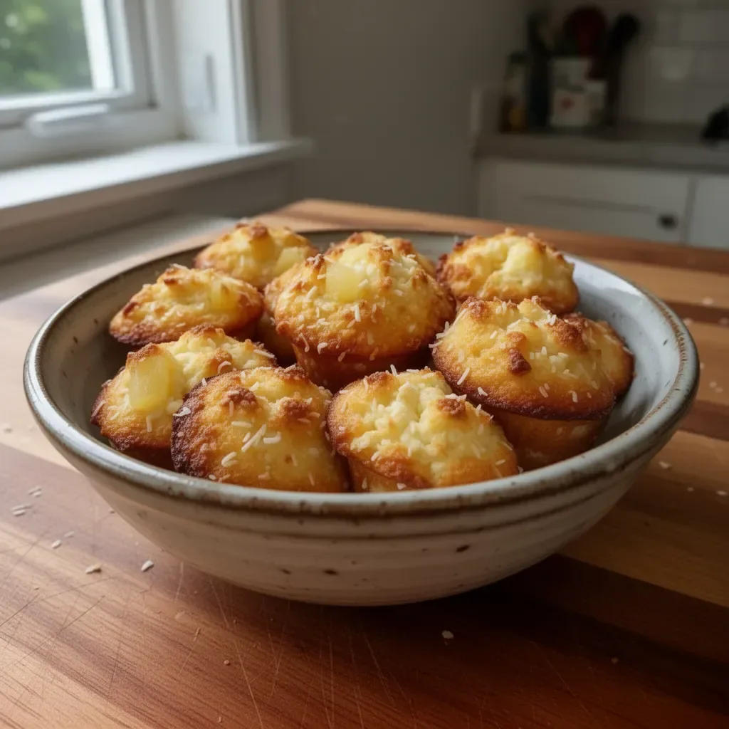 Coconut and Pineapple Cottage Cheese Muffins on a wooden table