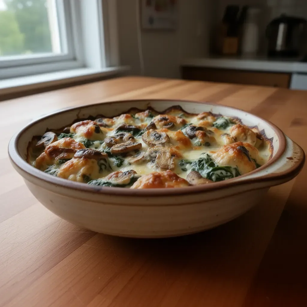 Creamy low carb chicken bake with spinach and mushrooms in a dish
