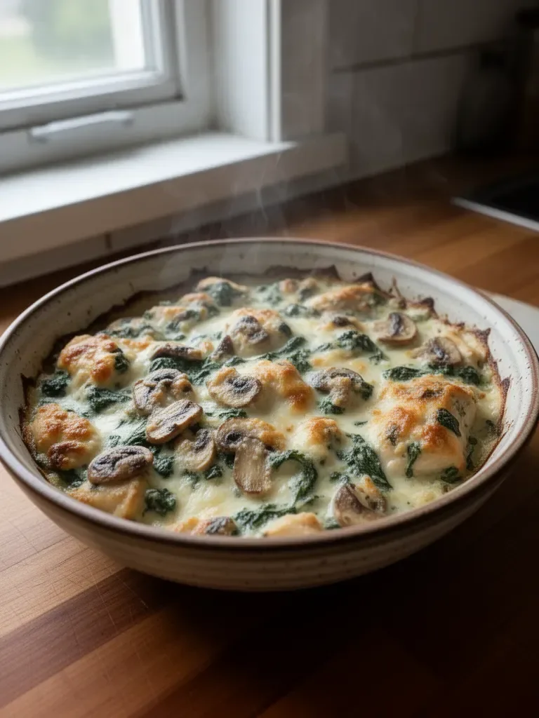 Creamy Low Carb Chicken, Spinach and Mushroom Bake