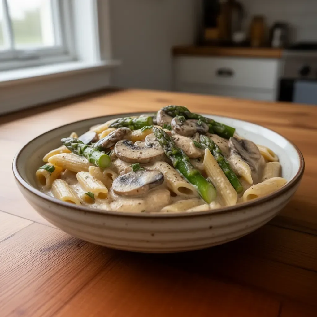 Creamy Mushroom and Asparagus Chicken Penne dish served in a bowl