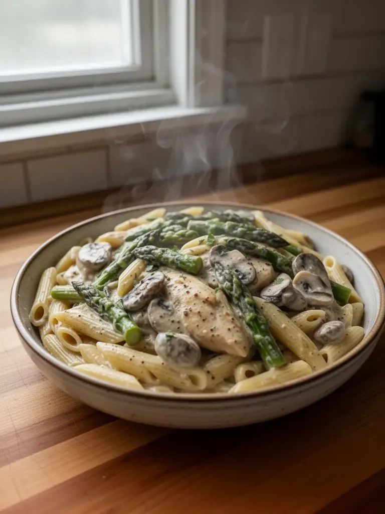 Creamy Mushroom and Asparagus Chicken Penne
