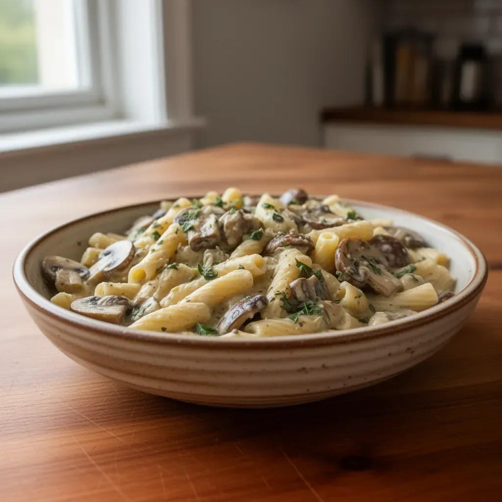 Creamy Tuscan Mushroom Pasta served in a skillet.
