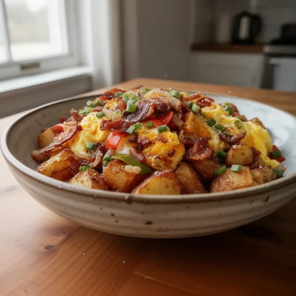 Crispy loaded breakfast hash with potatoes, bacon, and vegetables served in a skillet