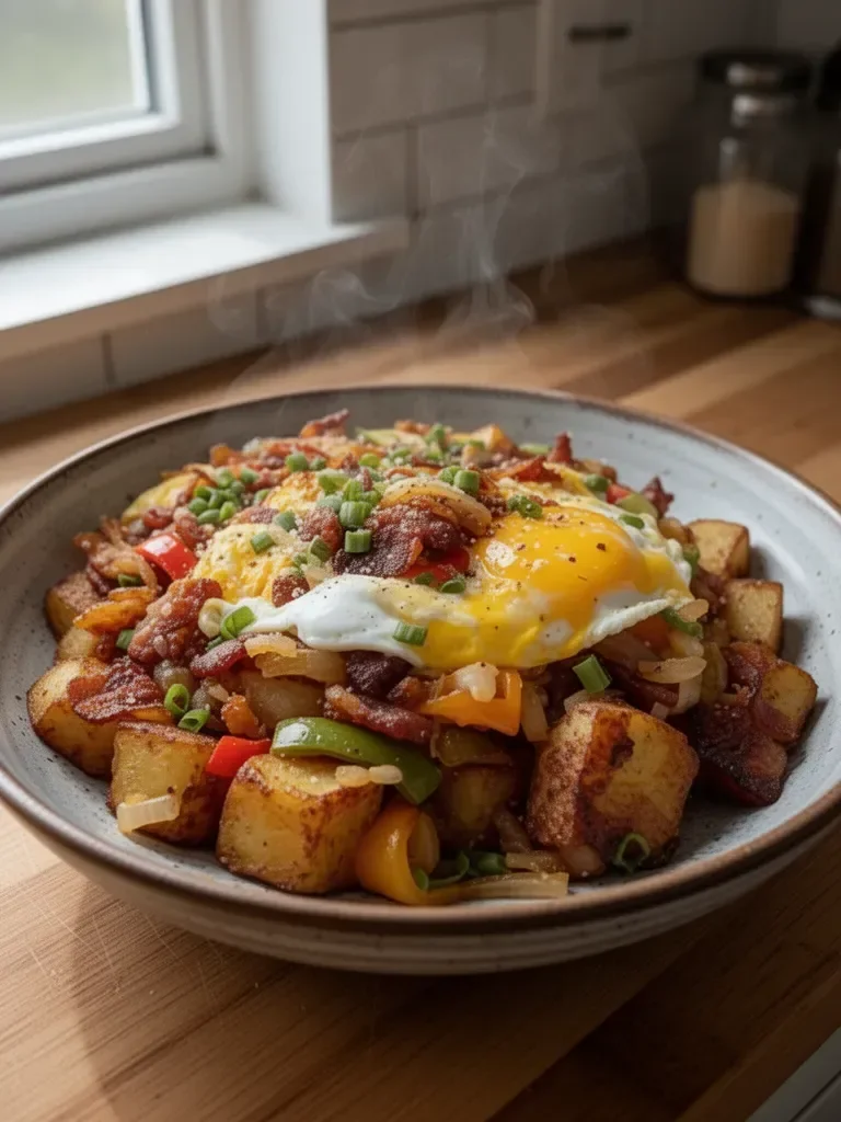 Crispy Loaded Breakfast Hash with Potatoes and Bacon