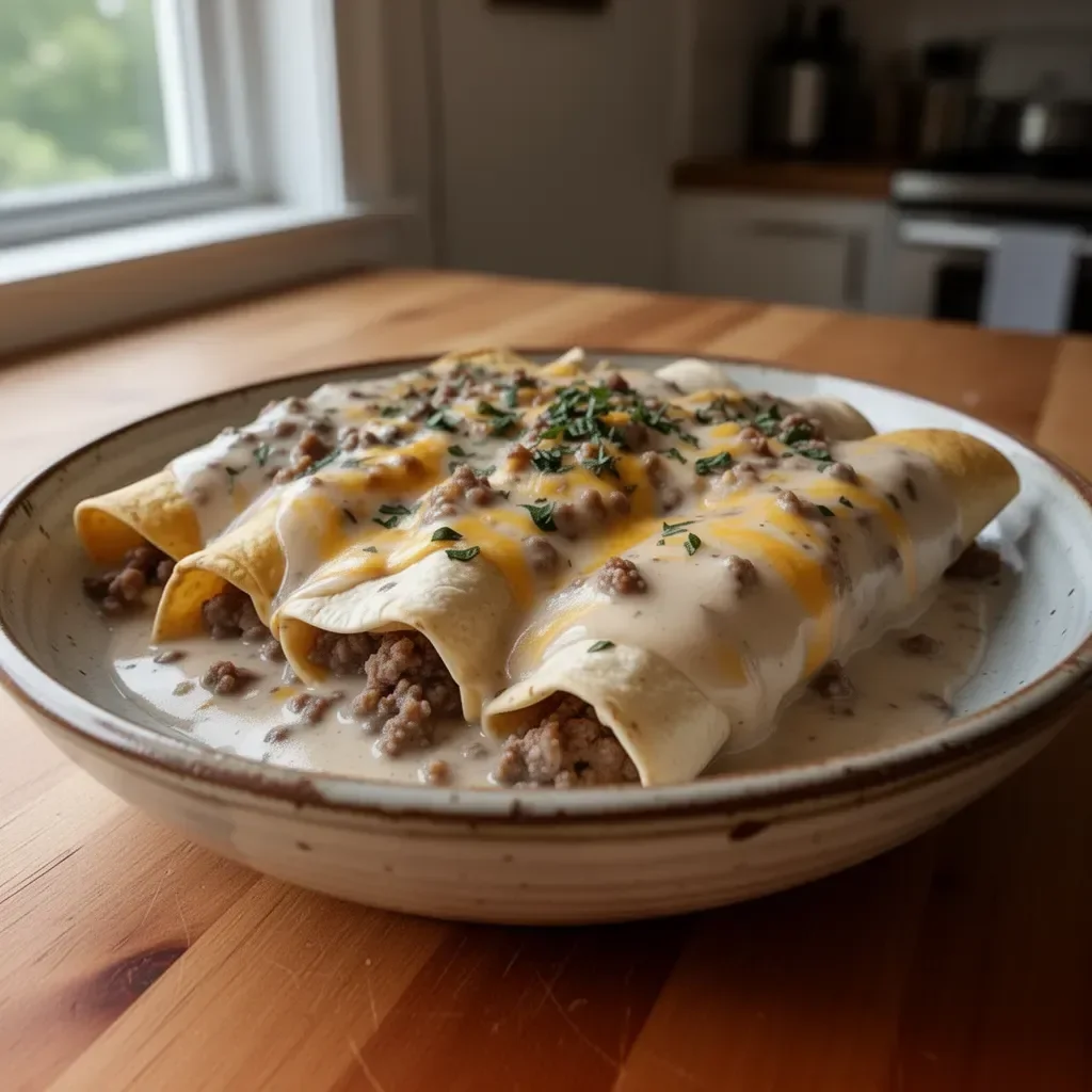 Delicious breakfast enchiladas topped with creamy sausage gravy on a plate