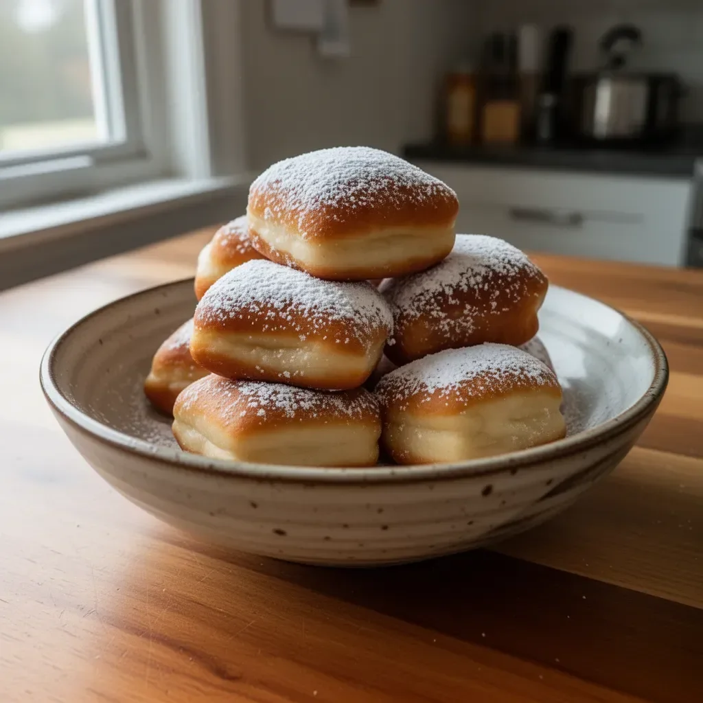 Plate of homemade vanilla doughnuts decorated with icing sugar