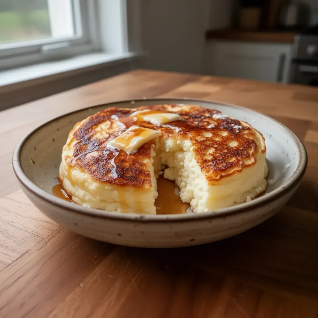 Easy cottage cheese pancake cooked in a skillet, served on a plate.