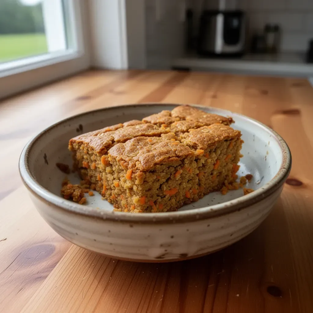 Slice of easy flourless oatmeal carrot cake with cream cheese frosting