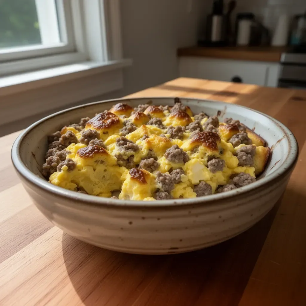 Easy sausage breakfast bake with eggs, cheese, and herbs in a baking dish