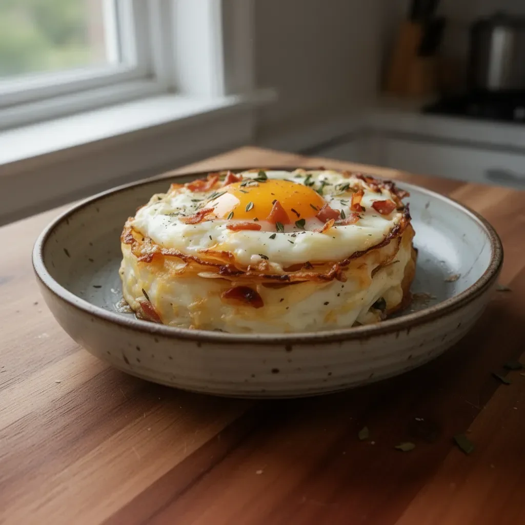 A gourmet serving of Eggs Napoleon with poached eggs, creamy sauce, and fresh herbs.