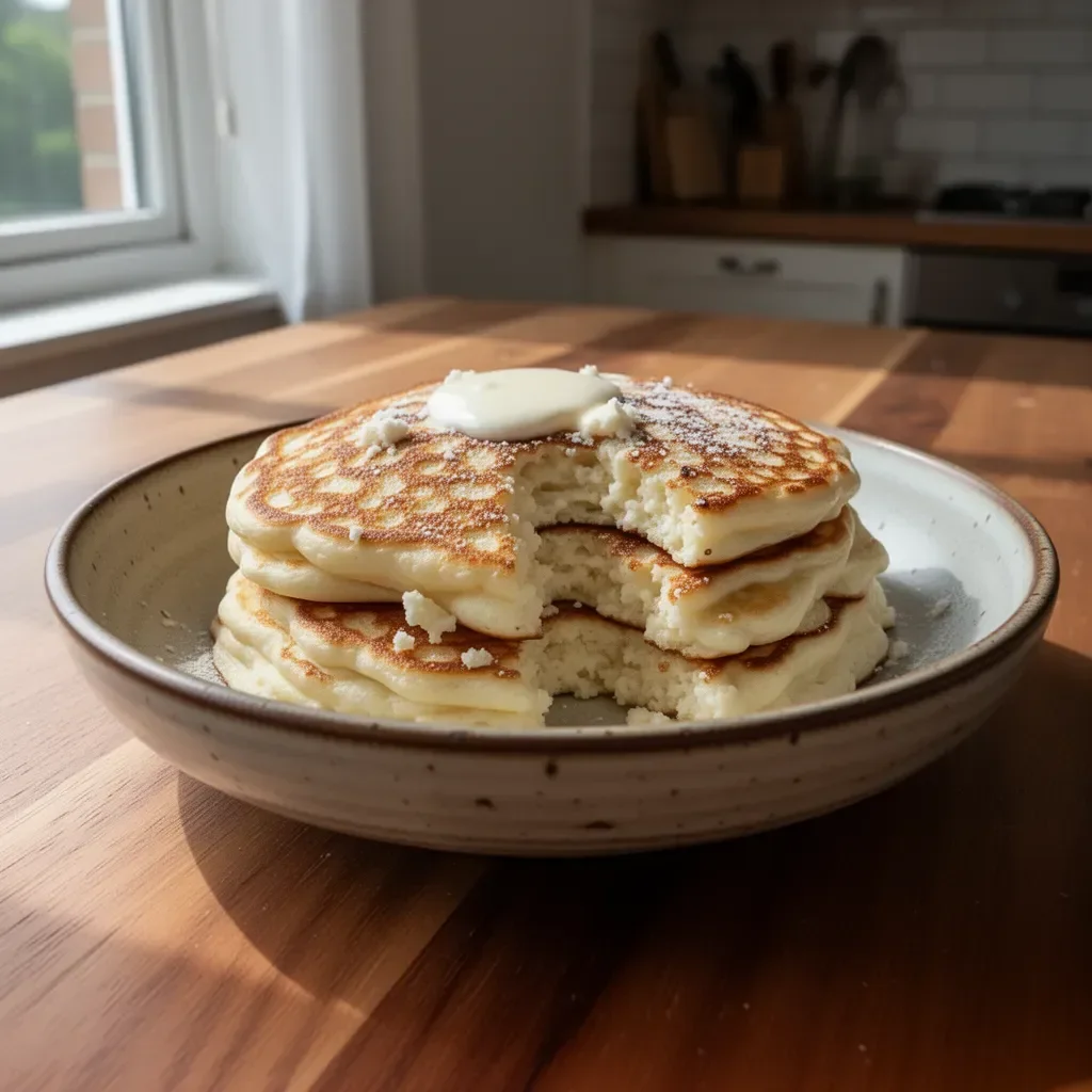 Flourless cottage cheese pancakes topped with fresh fruit