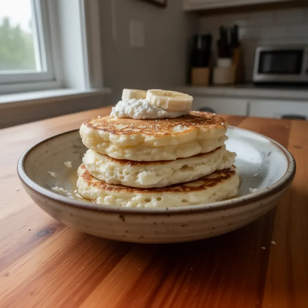 Fluffy banana pancakes with cottage cheese topped with fresh fruit