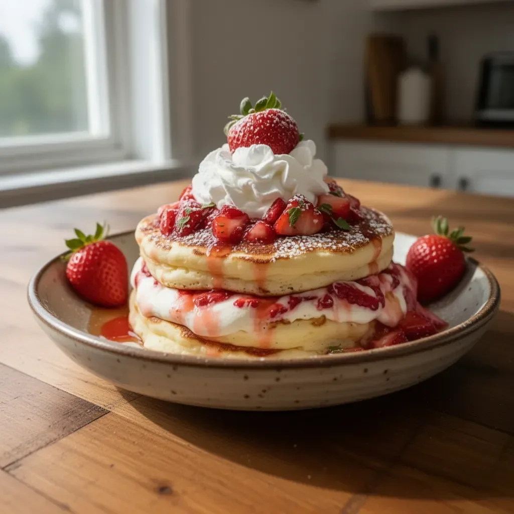 Fluffy strawberry cheesecake pancakes topped with fresh strawberries and cream