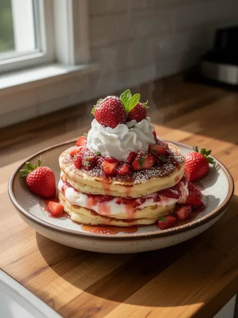 Fluffy Strawberry Cheesecake Pancakes