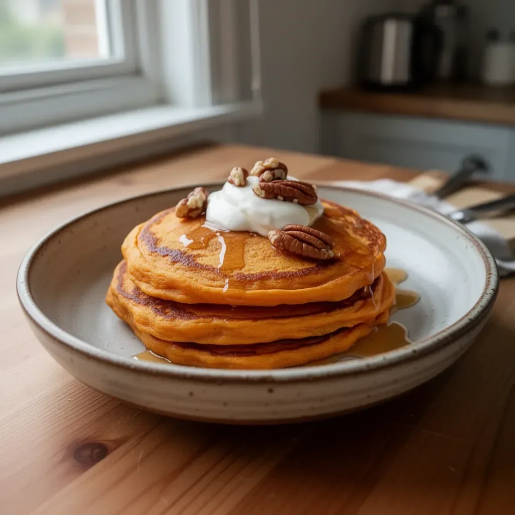 Fluffy sweet potato pancakes stacked on a plate, topped with syrup and butter