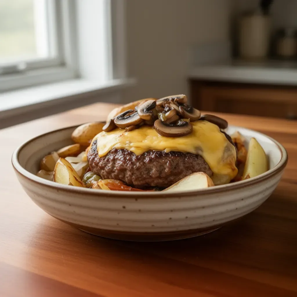 Foil packet burgers with mushrooms and Swiss cheese ready for grilling.