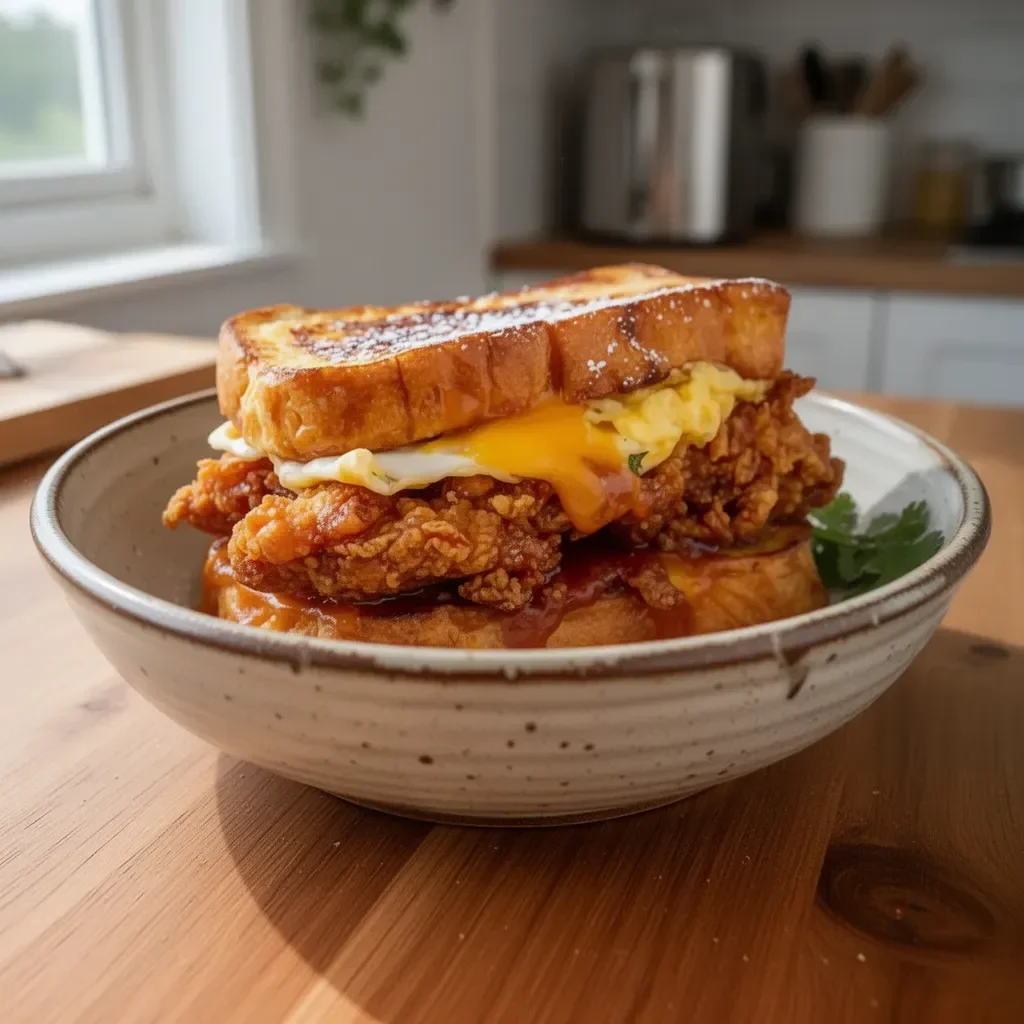 French Toast Fried Chicken Sandwich served with syrup and toppings