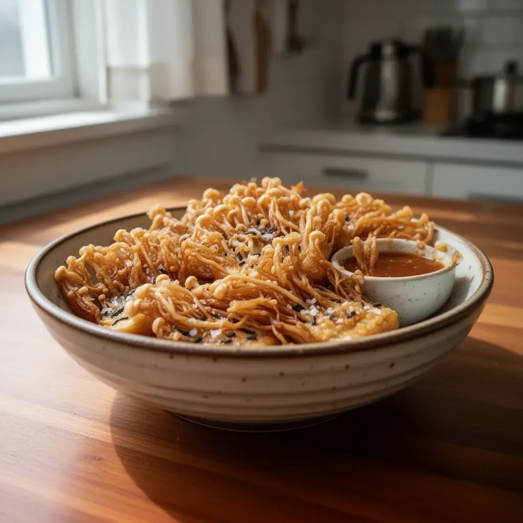 Crispy Fried Enoki Mushrooms garnished with herbs