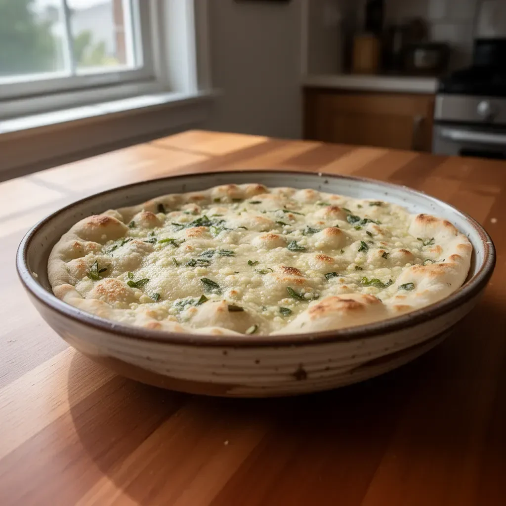Garlic flatbread made with liquid batter, no knead, no dough, fresh out of the oven.