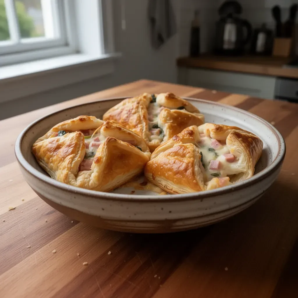Ham and cheese puff pastry fresh out of the oven, golden and flaky