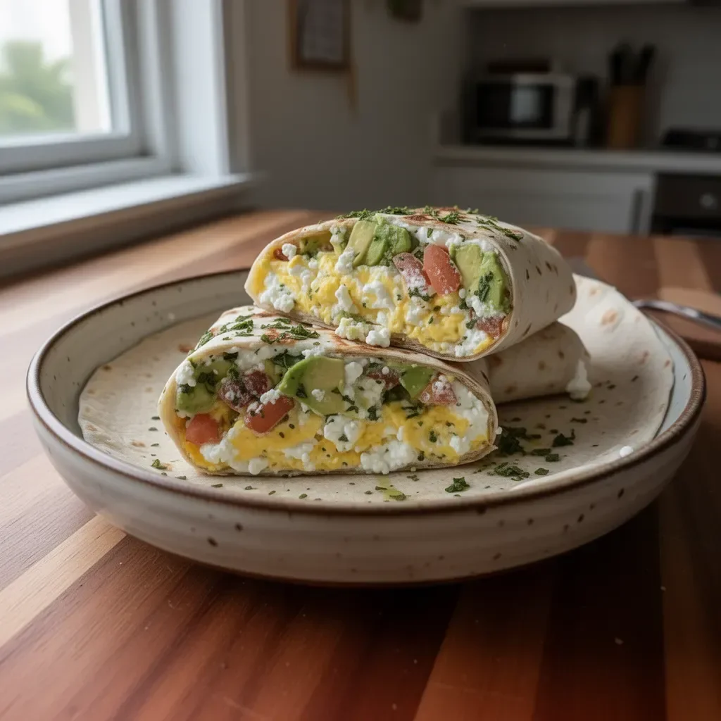 High-protein breakfast wrap with cottage cheese and avocado on a plate