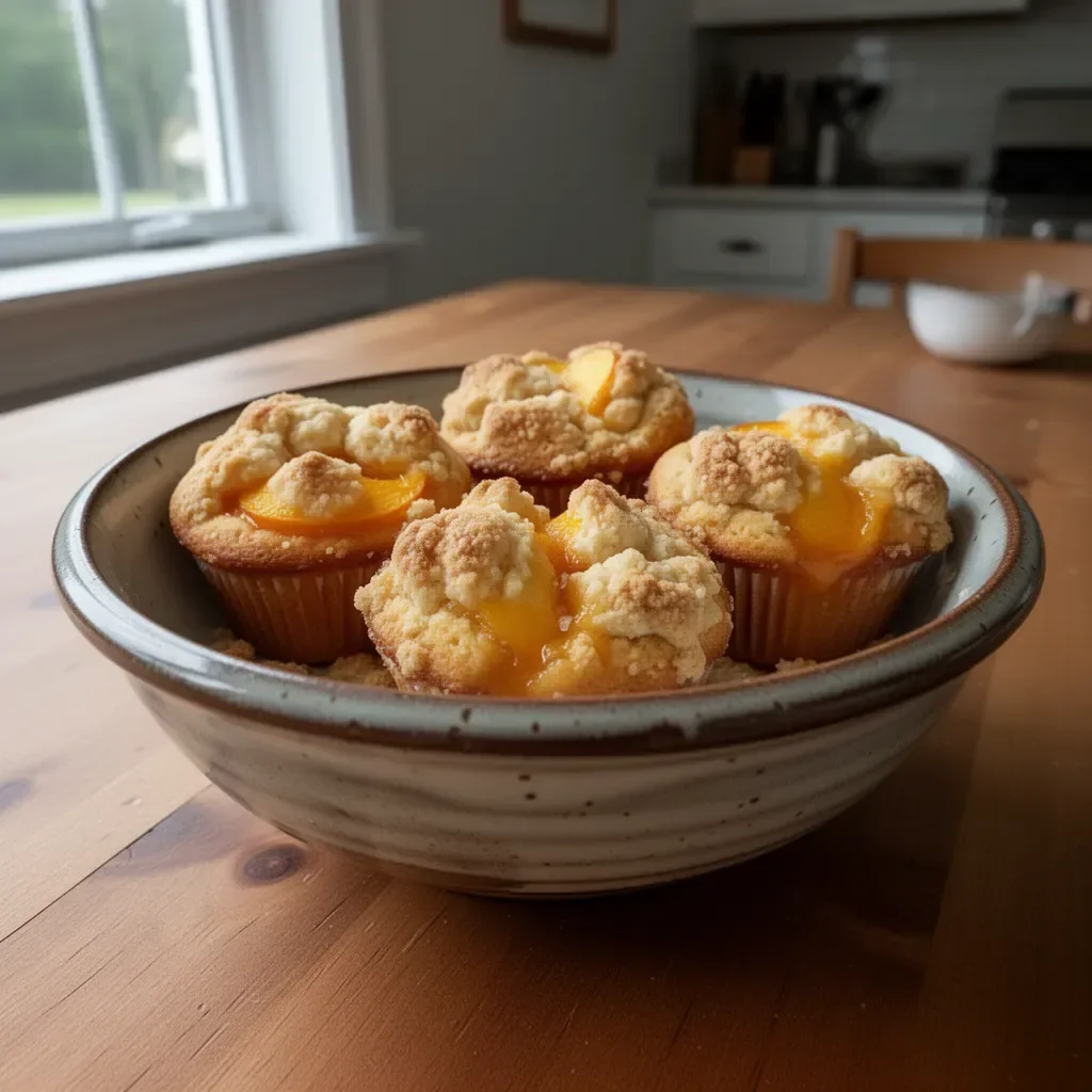 Freshly baked homemade peach cobbler muffins in a rustic setting