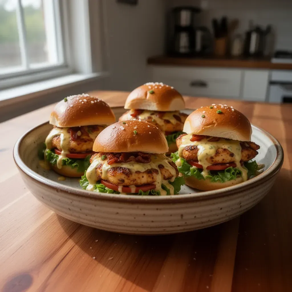 Delicious Honey Mustard Chicken Sliders served on a wooden platter