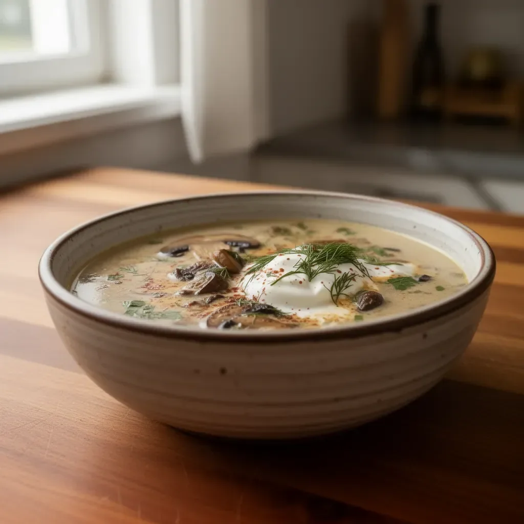 Delicious bowl of Hungarian Mushroom Soup with garnish