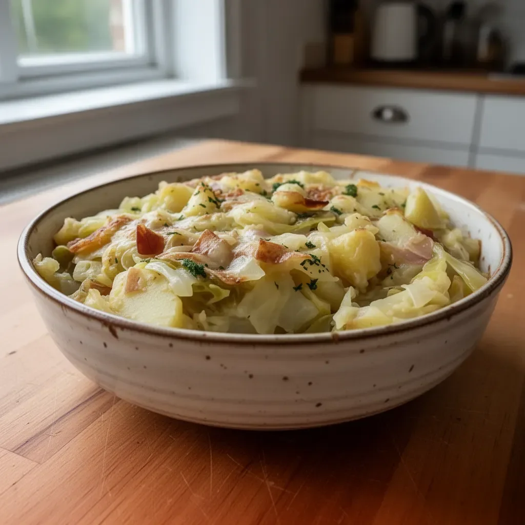 Delicious Irish Cabbage and Potato dish plated with herbs