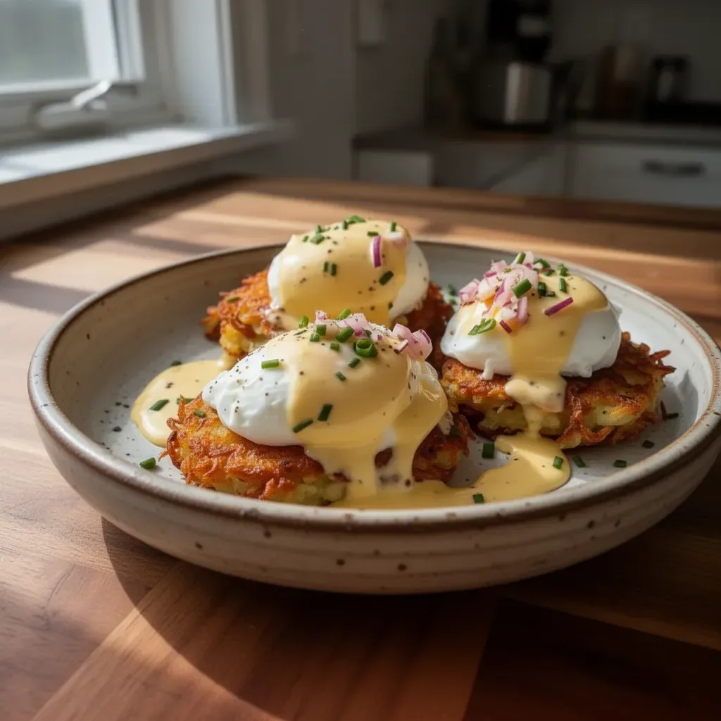 Latke Eggs Benedict featuring crispy latkes, poached eggs, and hollandaise sauce